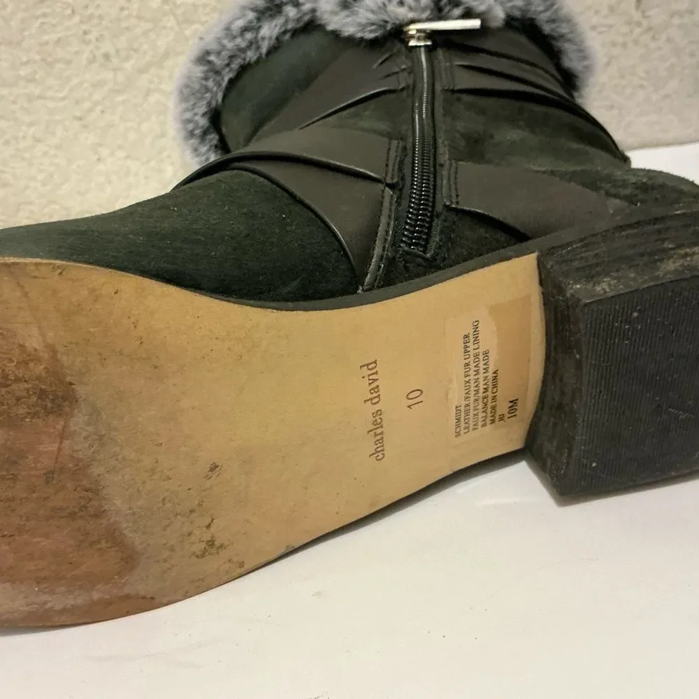 Charles David Schmidt Motorcycle Bootie Fur-Trimmed Boots size 10